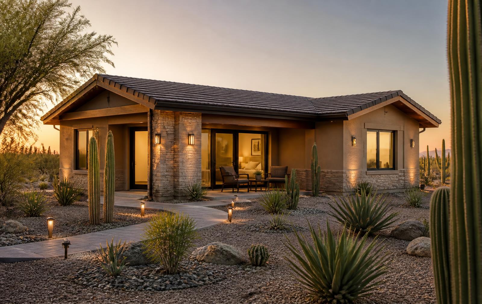 Modern detached Arizona casita with desert landscaping at golden hour